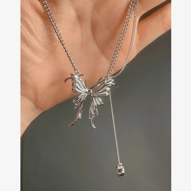 Elegant Butterfly Charm Rhinestone Chain Tassel Y Necklace