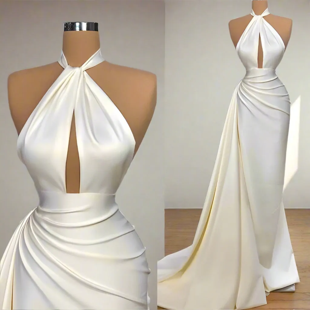 Elegant Halter Ivory Sleeveless Evening Party Dress