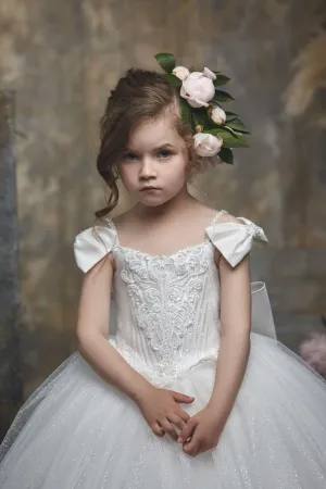 Girls Ivory Ball Gown Dress with Bow Shoulders