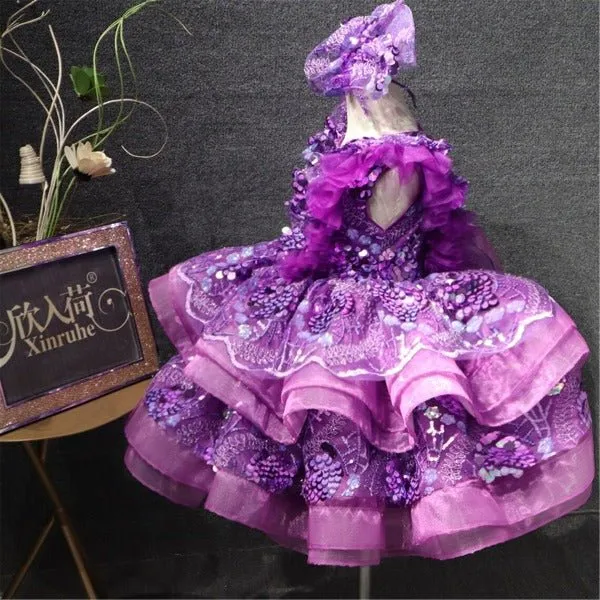 Luxury Blue Sequin Girls Birthday Party Dresses Ball Gowns