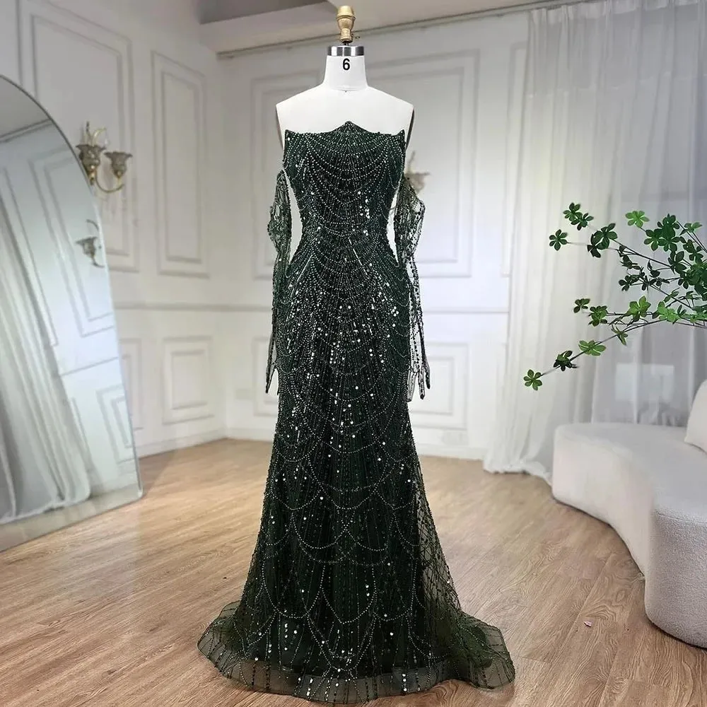 Luxury Olive Green Beaded Mermaid Evening Dress For Women Party Gown
