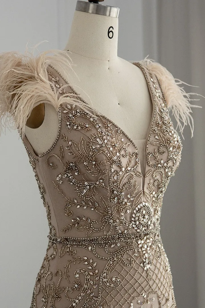 Luxury V Neck Mermaid Evening Dress with Feathers Appliques