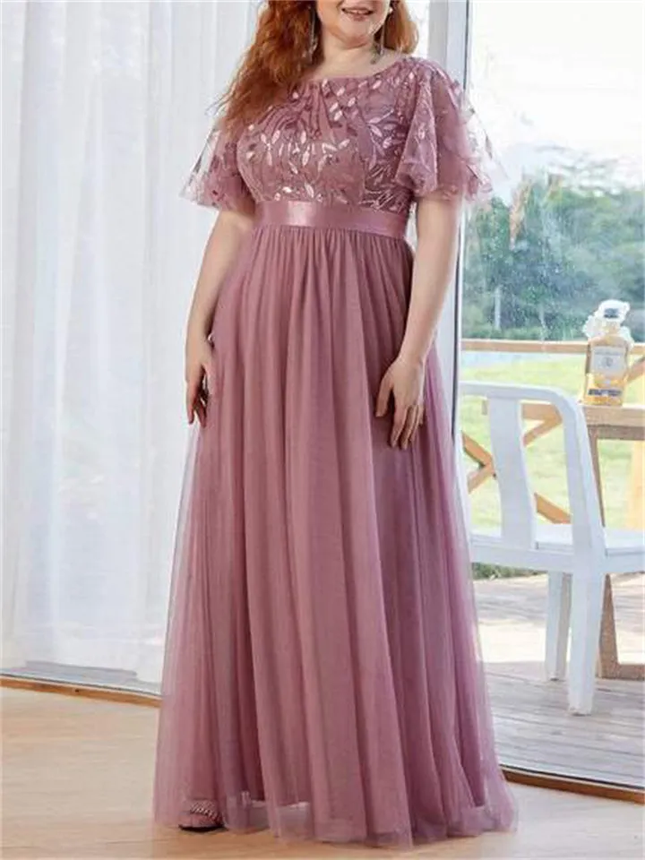 New Elegant Sweet Style Plus Size Embroidery Short Sleeve Evening Dresses