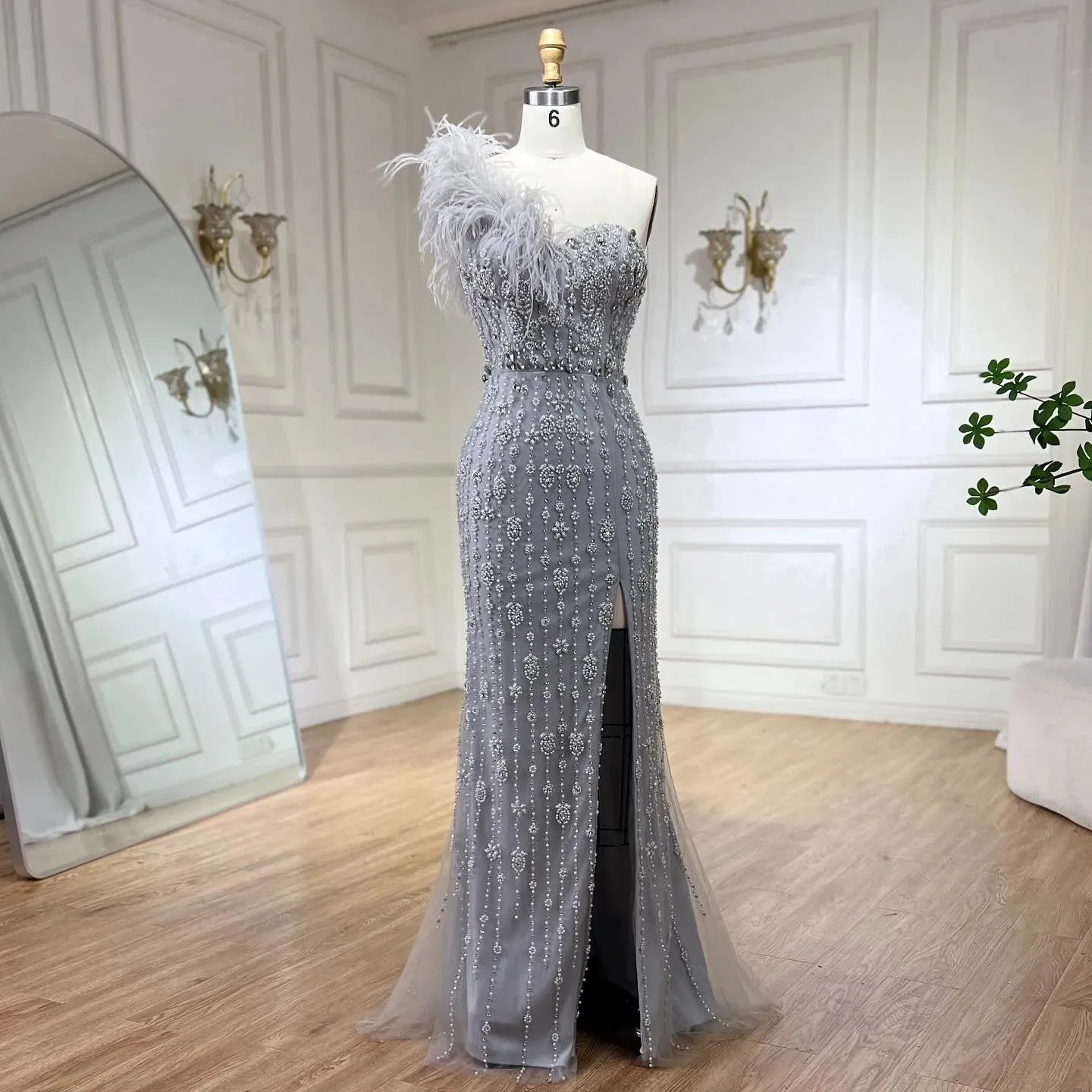 One Shoulder Detailing with High Slit, Beaded Feathers for Luxury Evening Events