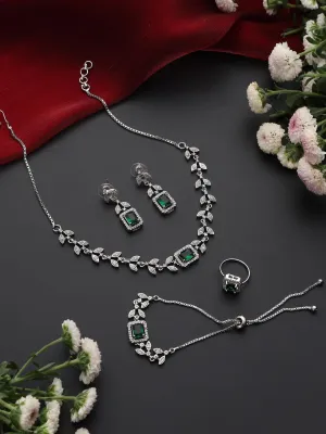 SET - Green Petal Diamond Necklace, Earring, Ring, Bracelet