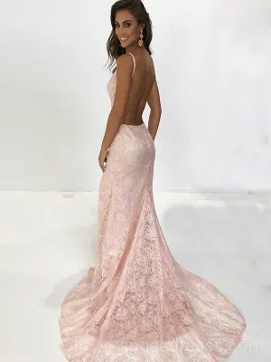 Sexy Backless Pink Lace Mermaid Long Evening Prom Dresses, Cheap Custom Sweet 16 Dresses, 18545